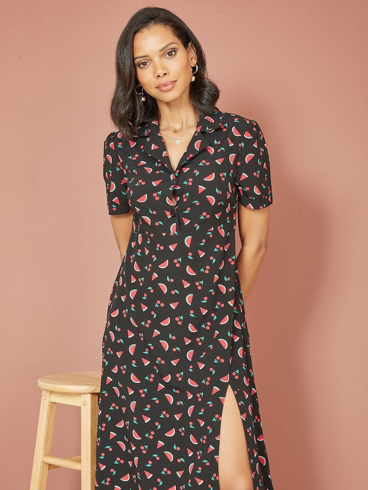 Yumi Black Watermelon Print Shirt Dress With Side Split - Image 1 of 5