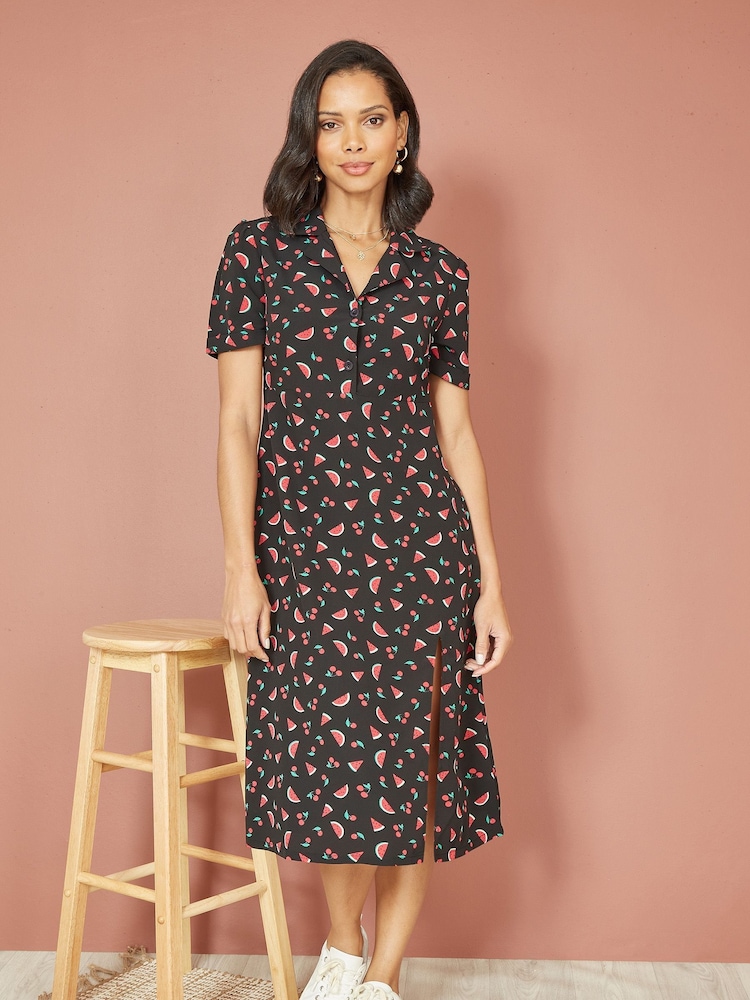 Yumi Black Watermelon Print Shirt Dress With Side Split - Image 2 of 5