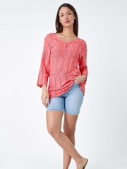 Roman Pink Open Knit Cotton Blend Tunic Top - Image 1 of 5