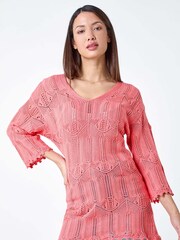 Roman Pink Open Knit Cotton Blend Tunic Top - Image 2 of 5