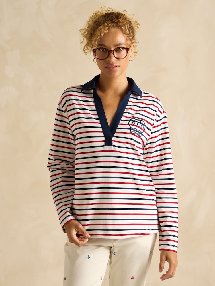 Marineblau/Rot gestreift - Joules Tallie Long Sleeve Combed Cotton Collared Top - Bild 1 von 6 Marineblau/Rot gestreift - Joules Tallie Long Sleeve Combed Cotton Collared Top - Bild 1 von 6