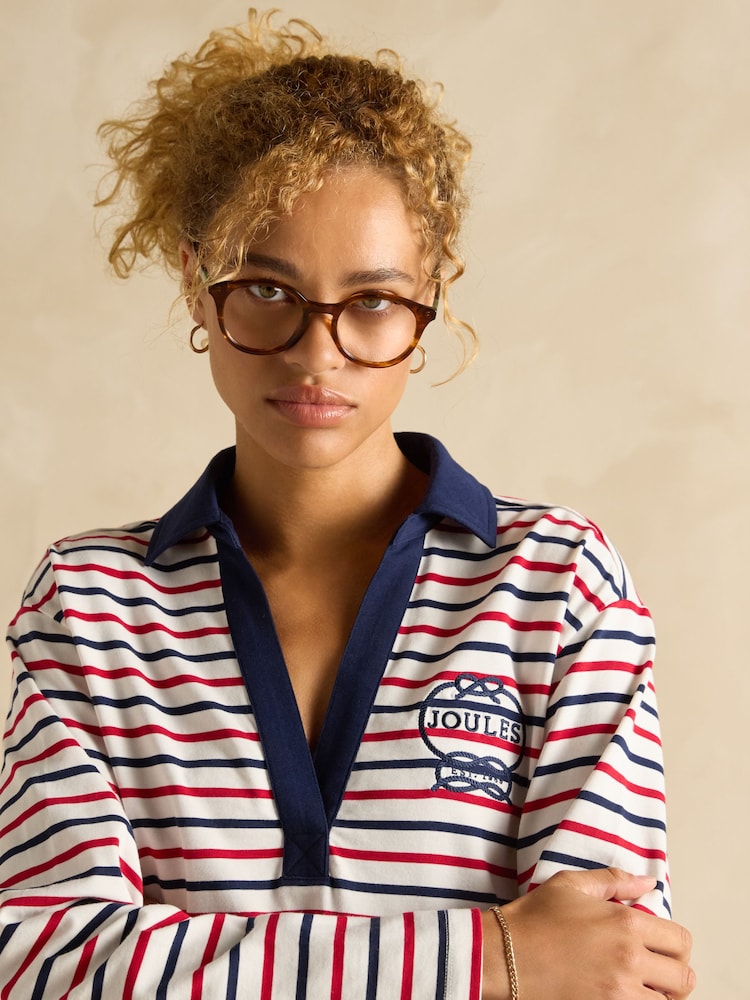 Joules Tallie Navy & Red Stripe Long Sleeve Combed Cotton Collared Top - Image 4 of 6
