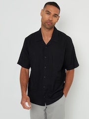 Threadbare Black Linen Blend Revere Collar Short Sleeve Shirt - Image 1 of 4