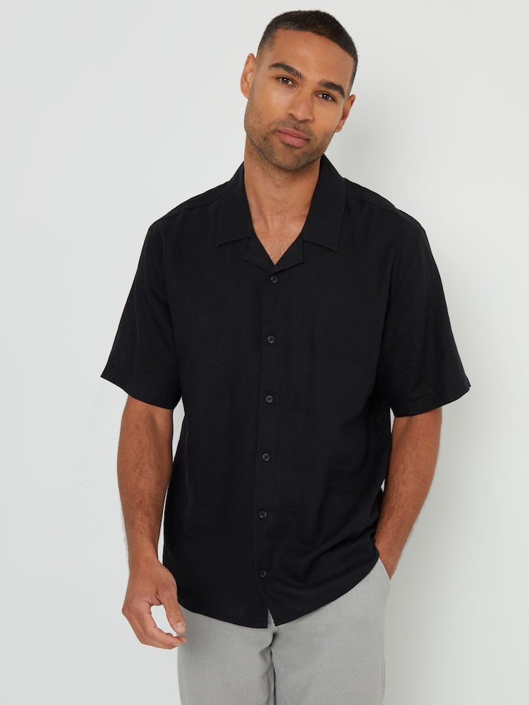 Threadbare Black Linen Blend Revere Collar Short Sleeve Shirt - Image 1 of 4
