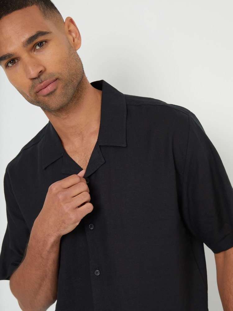 Threadbare Black Linen Blend Revere Collar Short Sleeve Shirt - Image 4 of 4