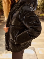 Black High Shine Shower Resistant Padded Coat - Image 5 of 9