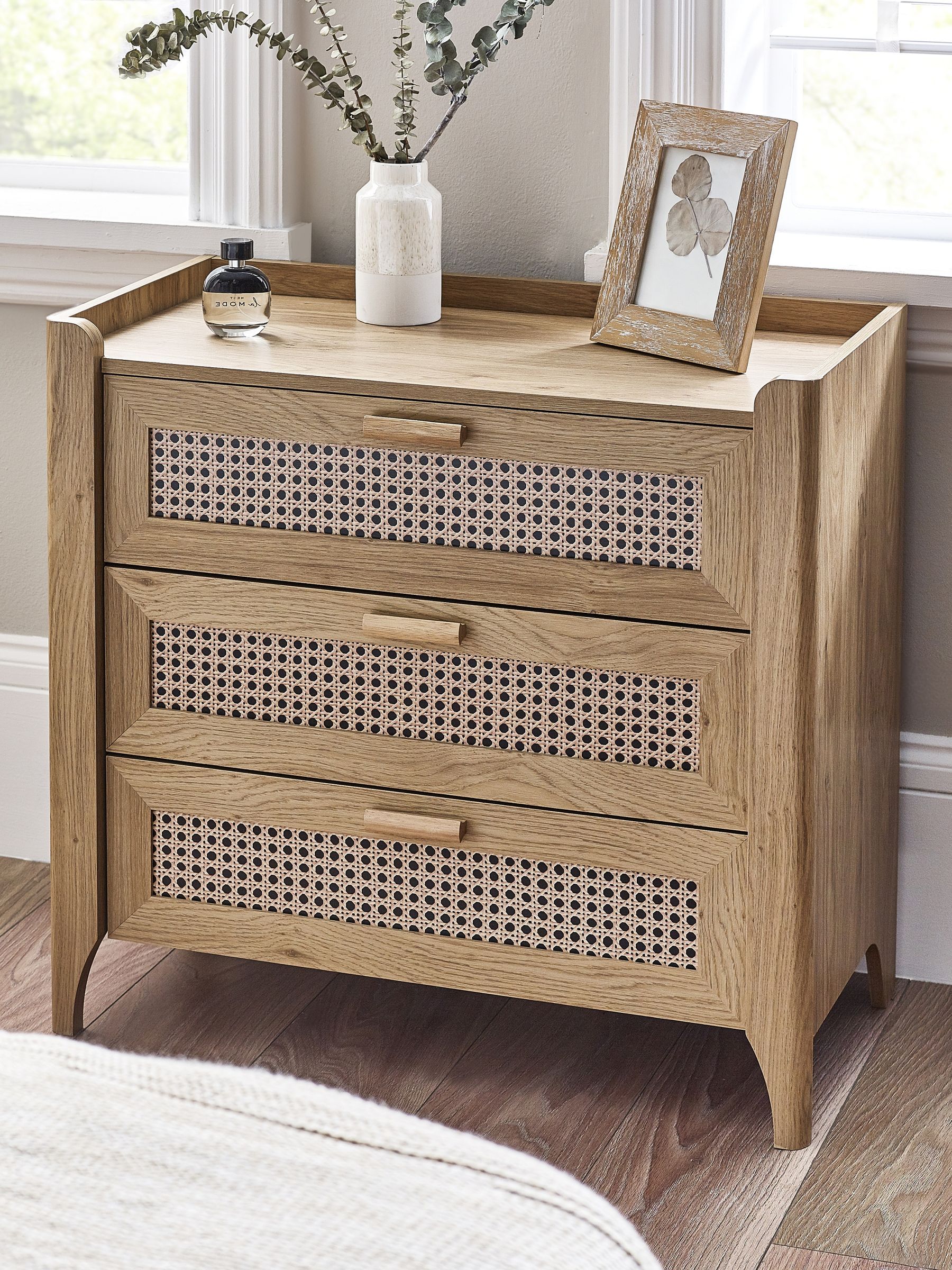 Julian Bowen Sydney Chest of Drawers, 3 Drawer, Oak Effect - H75 x W80cm | Faux Rattan Effect Sticker Front, Boho Drawer Storage Organiser, 3 Drawers, Dresser for Bedroom, Living Room & Hallway - Image 5