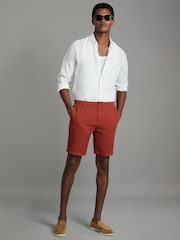 Reiss Rust Ezra Cotton Linen Blend Internal Drawstring Shorts - Image 1 of 6