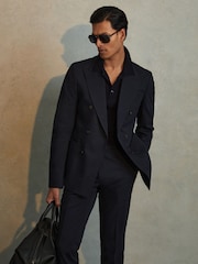 Reiss Navy Seare Double Breasted Cotton Blend Blazer - Image 1 of 7