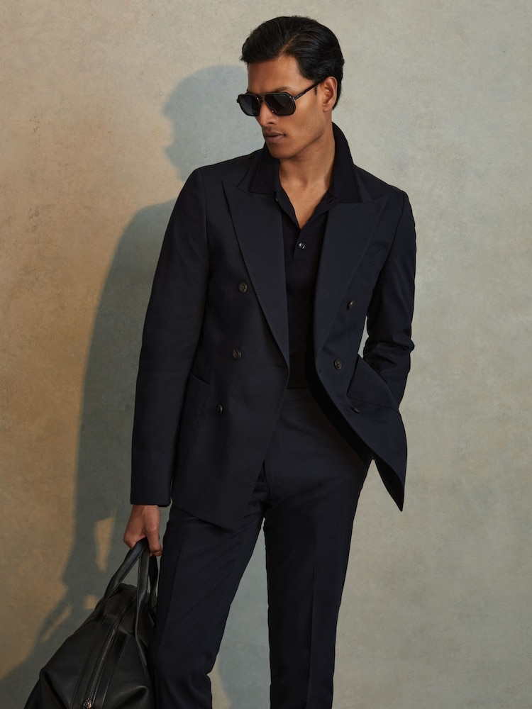 Reiss Navy Seare Double Breasted Cotton Blend Blazer - Image 1 of 7