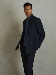 Reiss Navy Seare Double Breasted Cotton Blend Blazer - Image 3 of 7