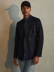 Reiss Navy Seare Double Breasted Cotton Blend Blazer - Image 5 of 7