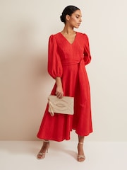 Phase Eight Orange Petite Petite Marilyn Puff Sleeve Midi Dress - Image 1 of 6