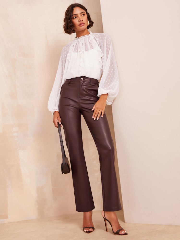 Friends Like These Burgundy Red Faux Leather Smart Straight Leg Trousers - Image 2 of 4