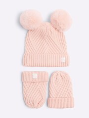River Island Pink Baby Girls 100% Cotton Beanie With Mittens - Image 1 of 3