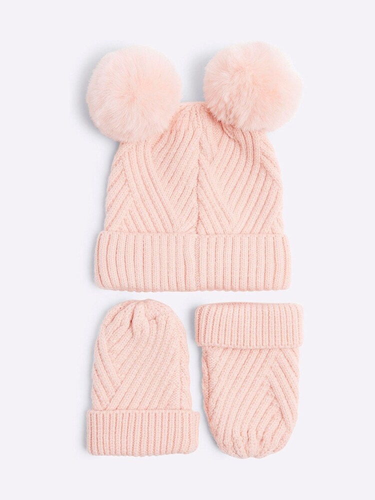 River Island Pink Baby Girls 100% Cotton Beanie With Mittens - Image 2 of 3
