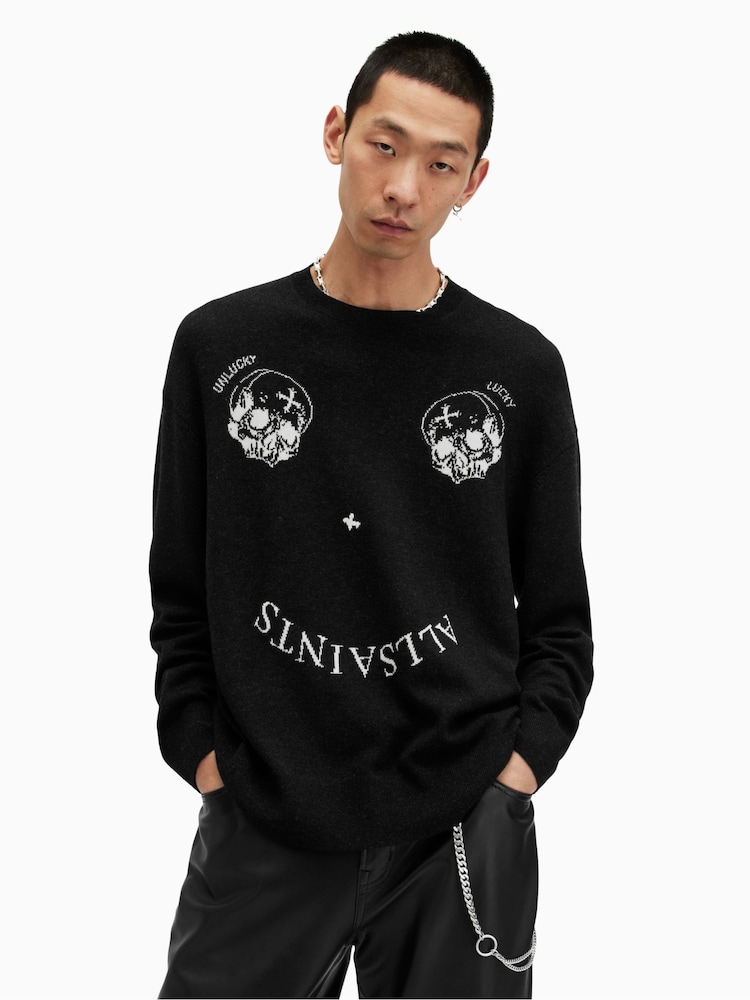 AllSaints Black Smile Saints Crew Neck Jumper - Image 1 of 5