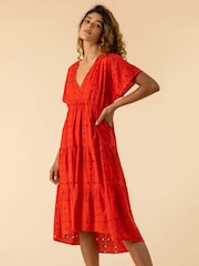 Roman Red Broderie 100% Cotton Tiered Smock Dress - Image 1 of 5