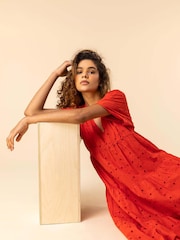 Roman Red Broderie 100% Cotton Tiered Smock Dress - Image 2 of 5