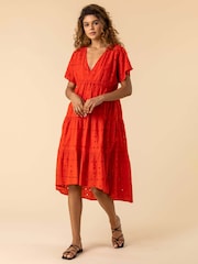Roman Red Broderie 100% Cotton Tiered Smock Dress - Image 4 of 5