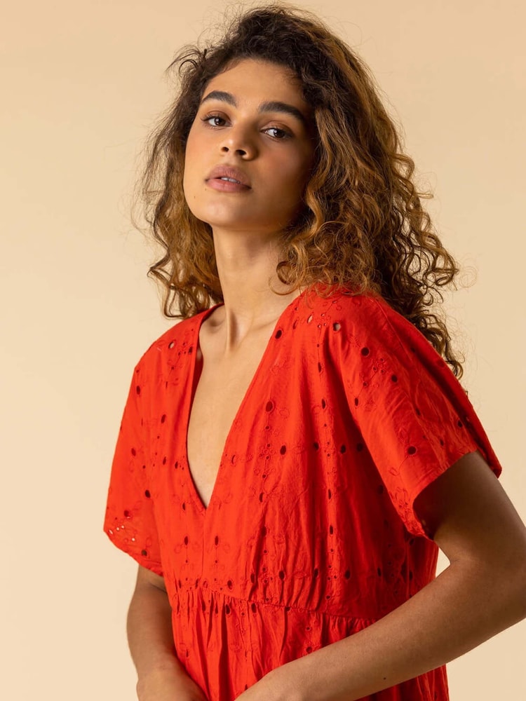 Roman Red Broderie 100% Cotton Tiered Smock Dress - Image 5 of 5