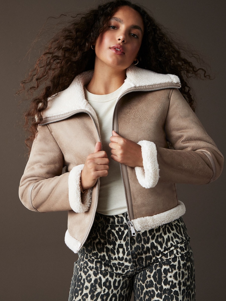 Neutral Teddy Borg Aviator Jacket - Image 1 of 8
