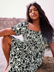 Yours Curve Black Abstract Floral Print Shirred Midi Dress - Image 1 of 6