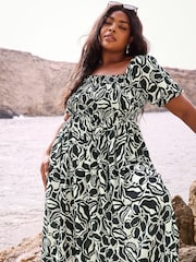 Yours Curve Black Abstract Floral Print Shirred Midi Dress - Image 2 of 6