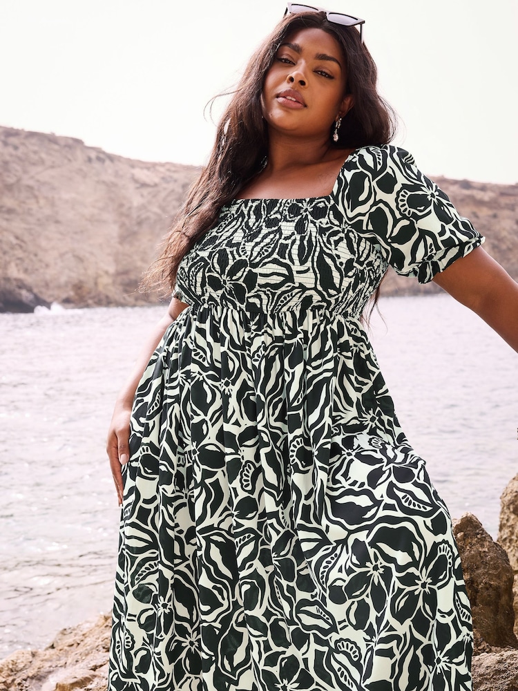 Yours Curve Black Abstract Floral Print Shirred Midi Dress - Image 2 of 6