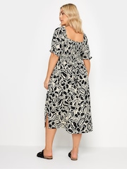 Yours Curve Black Abstract Floral Print Shirred Midi Dress - Image 3 of 6