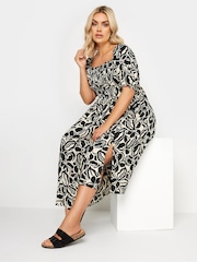 Yours Curve Black Abstract Floral Print Shirred Midi Dress - Image 5 of 6