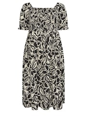 Yours Curve Black Abstract Floral Print Shirred Midi Dress - Image 6 of 6