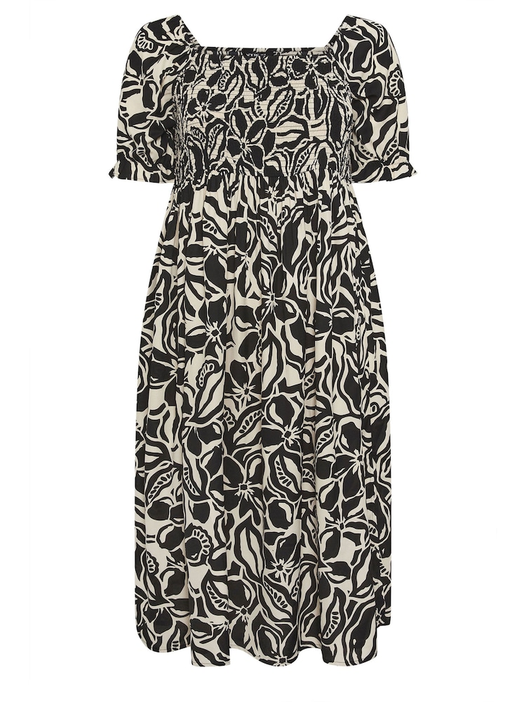 Yours Curve Black Abstract Floral Print Shirred Midi Dress - Image 6 of 6