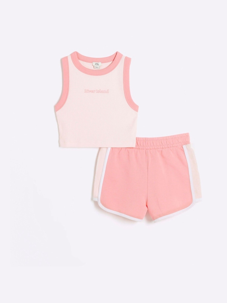 River Island Pink Girls 100% Cotton Tank and Runner Short Set - Image 1 of 4