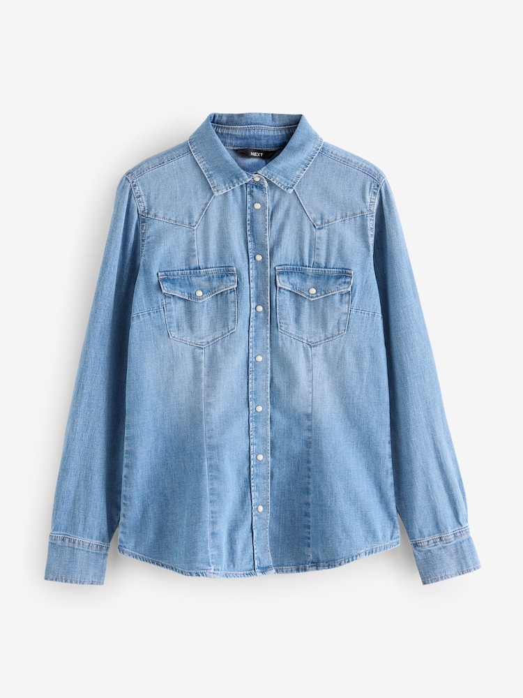 Mid Blue Fuller Bust Seam Detail Fitted Denim Western Shirt - Image 1 of 3