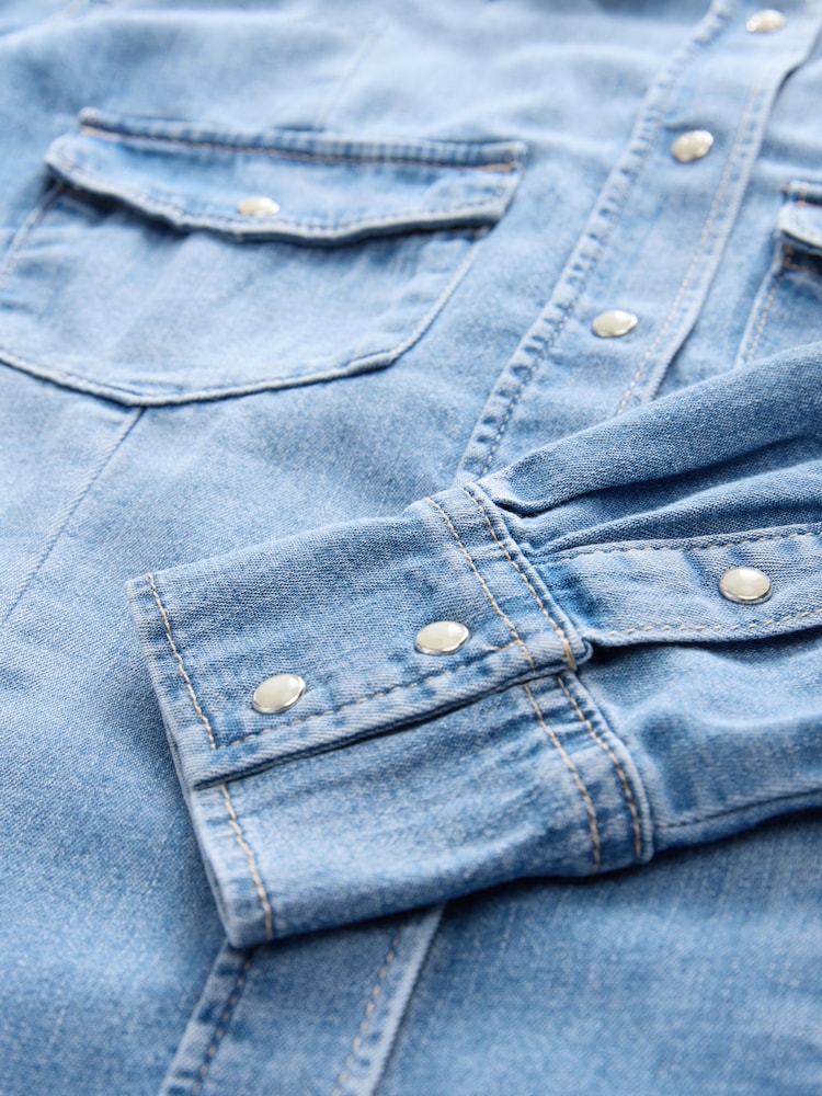 Mid Blue Fuller Bust Seam Detail Fitted Denim Western Shirt - Image 3 of 3