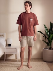 Rust Brown/Black Woven Embroidered T-Shirt Pyjamas Shorts Set - Image 1 of 12