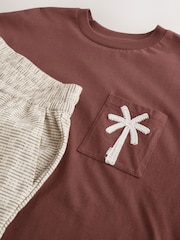 Rust Brown/Black Woven Embroidered T-Shirt Pyjamas Shorts Set - Image 11 of 12
