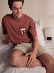 Rust Brown/Black Woven Embroidered T-Shirt Pyjamas Shorts Set - Image 2 of 12