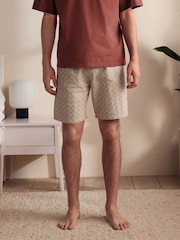 Rust Brown/Black Woven Embroidered T-Shirt Pyjamas Shorts Set - Image 3 of 12