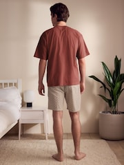 Rust Brown/Black Woven Embroidered T-Shirt Pyjamas Shorts Set - Image 4 of 12