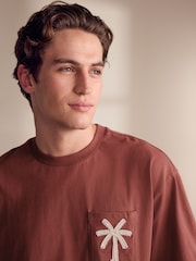 Rust Brown/Black Woven Embroidered T-Shirt Pyjamas Shorts Set - Image 5 of 12