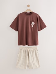 Rust Brown/Black Woven Embroidered T-Shirt Pyjamas Shorts Set - Image 8 of 12