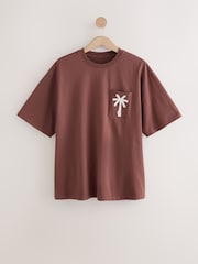 Rust Brown/Black Woven Embroidered T-Shirt Pyjamas Shorts Set - Image 9 of 12