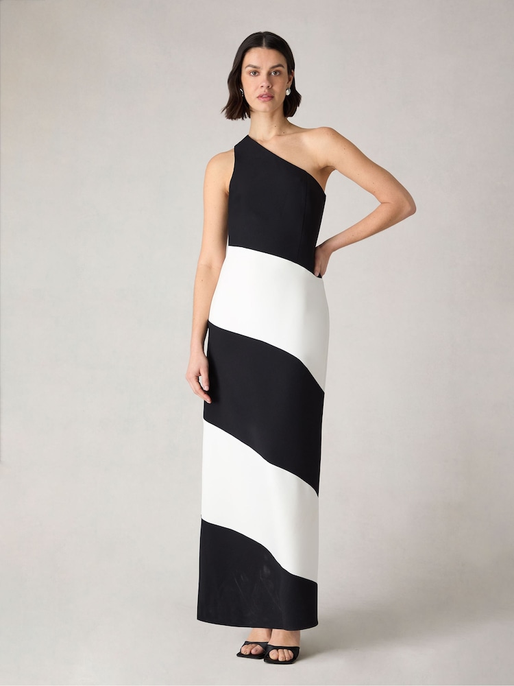 Ro&Zo Black Petite Sofia Mono Stripe One Shoulder Maxi Dress - Image 1 of 5 Ro&Zo Black Petite Sofia Mono Stripe One Shoulder Maxi Dress - Image 1 of 5