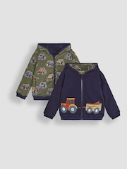 JoJo Maman Bébé Navy Blue & Green Tractor & Trailer Tractor and Trailer Applique Reversible Hoodie - Image 1 of 8