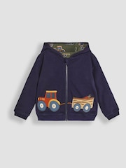 JoJo Maman Bébé Navy Blue & Green Tractor & Trailer Tractor and Trailer Applique Reversible Hoodie - Image 2 of 8