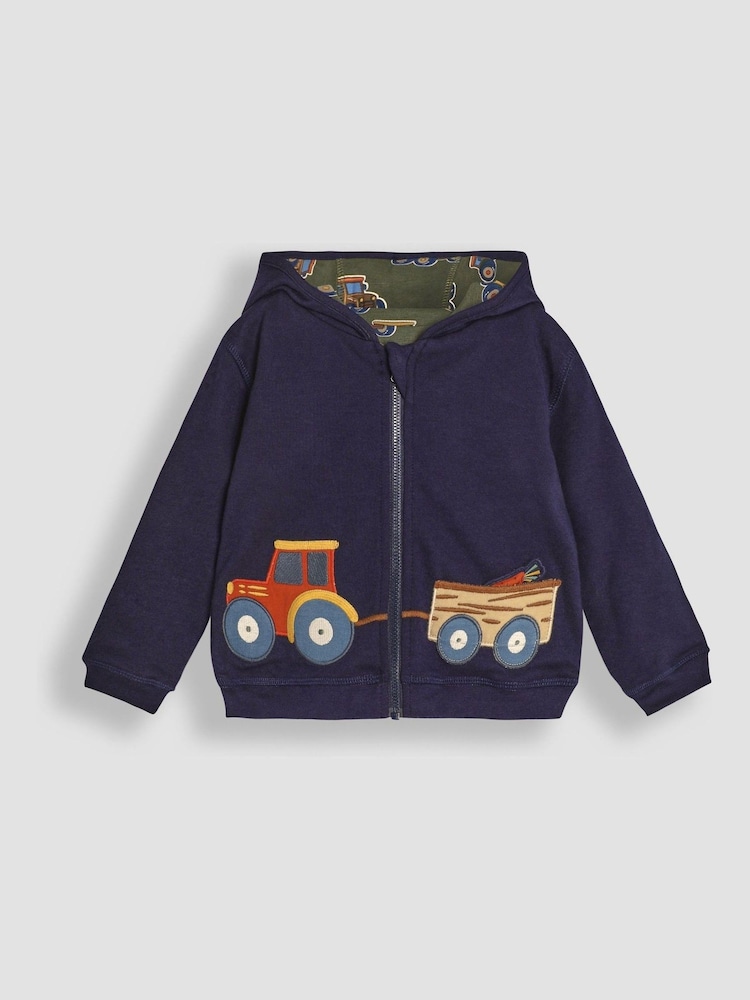JoJo Maman Bébé Navy Blue & Green Tractor & Trailer Tractor and Trailer Applique Reversible Hoodie - Image 2 of 8