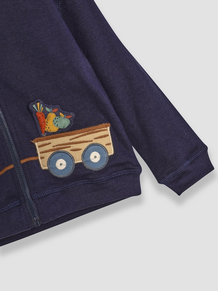 JoJo Maman Bébé Navy Blue & Green Tractor & Trailer Tractor and Trailer Applique Reversible Hoodie - Image 8 of 8