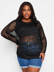 Yours Curve Black Metallic Crochet Jumper - Image 2 of 5